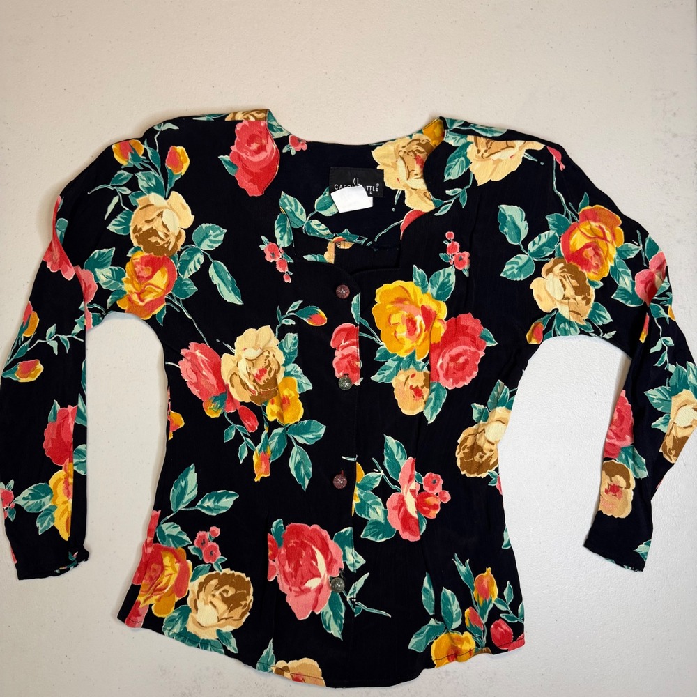 VTG Carole Little Petites Black Floral Long‎ Sleeve Button Up Blouse Top Size 4